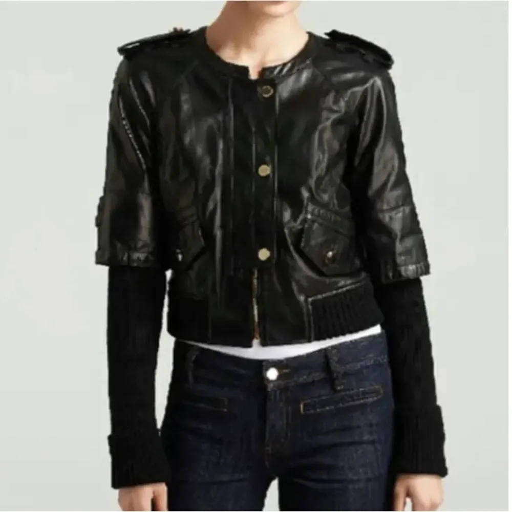 TORY BURCH Green Lambskin & Sweater-Sleeved Biker Jacket Sz XS - Picture 6 of 12